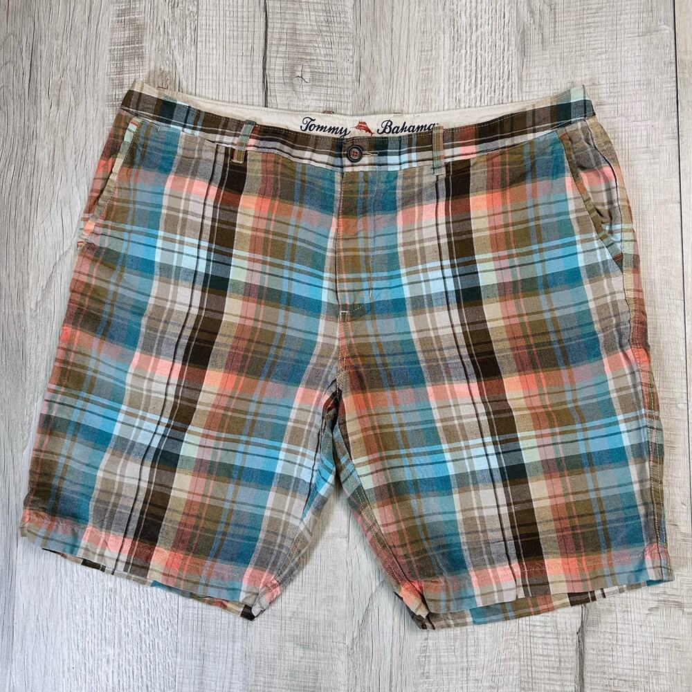 Tommy Bahama Men's Plaid Linen Blend Casual Summer Short 40 Beach Outdoor Chino